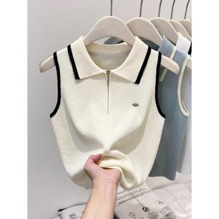 打底上衣 半拉链Polo翻领撞色针织背心女夏季 薄款 修身 显瘦吊带无袖