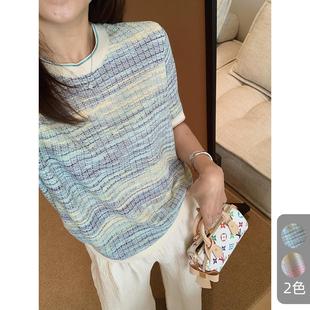 重工条纹段染天丝棉混纺针织渐变色短袖 粉雾海针织 T恤夏G052116