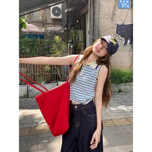 撞色条纹Polo领针织背心女夏季 吊带 外穿辣妹上衣翻领韩版 气质无袖