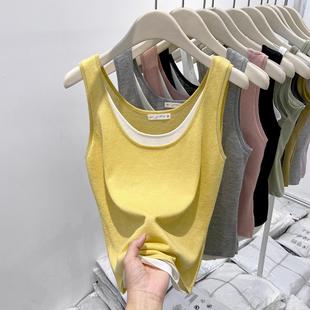 辣妹百搭外穿无袖 撞色假两件背心女防走光内搭吊带春夏季 打底上衣