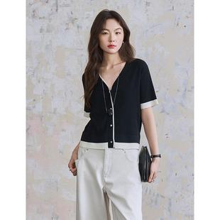 桑蚕丝天丝V领针织开衫 女夏季 薄款 撞色甜美可爱减龄上衣小衫