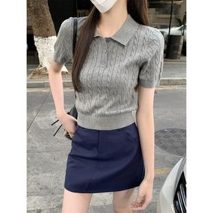 洋气T恤打底上衣 老钱风短款 polo领麻花针织短袖 女春夏季 2025新款
