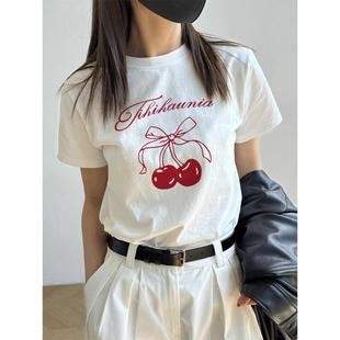 设计感樱桃印花T恤女夏季 2025新款 纯棉正肩宽松打底上衣白色短袖