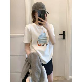 T恤100%纯棉打底上衣 大码 女装 夏季 正肩卡通印花宽松圆领内搭短袖