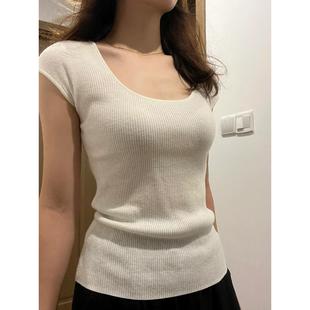 显瘦韩版 法式 辣妹修身 轻熟风U领短袖 设计感针织上衣 T恤女夏季