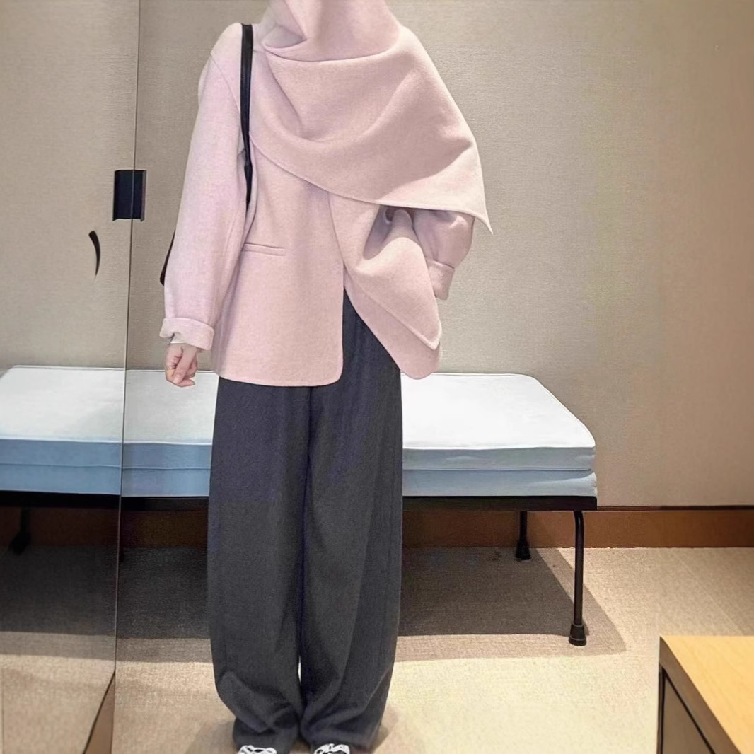 2025新色粉色双面绒羊绒围巾斗篷大衣女短款双面呢披肩气质外套