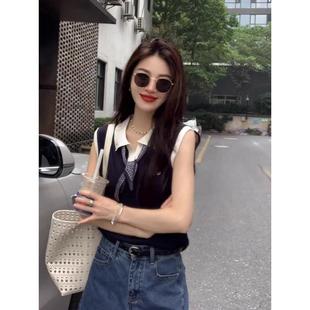 高级感上衣 送丝巾撞色polo领针织背心女夏季 薄款 无袖 吊带马甲时尚