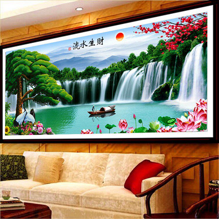 2024新款十字绣迎客松流水生财客厅大幅风景山水画满绣手工线绣