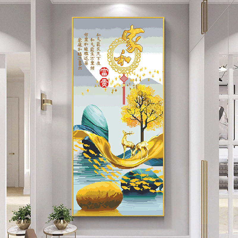 2026新款印花十字绣欧式风玄关风景家和富贵麋鹿石来运转大格满绣