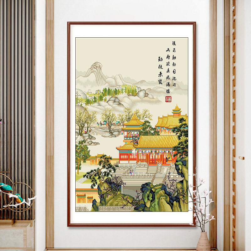 2026新款古绢布印花十字绣中式名画陈枚山水楼阁图手工绣大格满绣