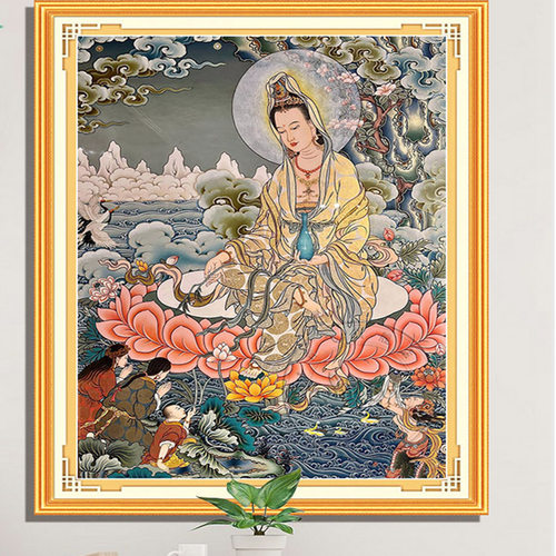 印花十字绣莲花观音自己绣玄关画