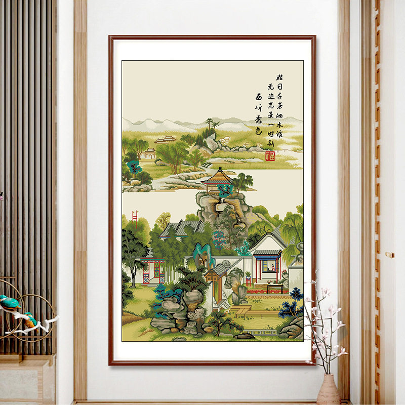 2026新款古绢布印花十字绣丝线名画陈枚山水楼阁图手工绣大格满绣