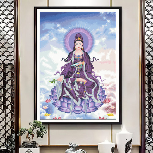 十字绣紫衣坐莲观音菩萨佛祖手工