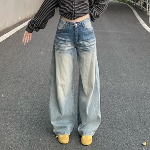 复古水洗浅蓝色弯刀阔腿牛仔裤 子 女休闲设计感刺绣垂感百搭拖地裤