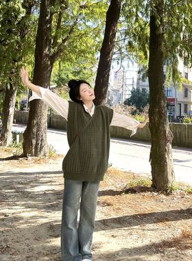 日系学院风绿色毛衣毛绒马甲原宿风圆领v领减龄宽松外穿外套上衣