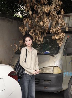 休闲简约风纯色连帽针织开衫高级感韩版宽松小个子双拉链毛衣外套