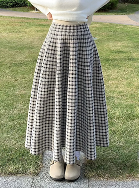 韩系格子毛呢半身裙女大阔摆温柔风高腰显瘦百搭加厚中长款a字裙