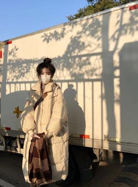 奶呼呼米白色中长款连帽棉服加厚温柔风羽绒面包服oversize棉袄