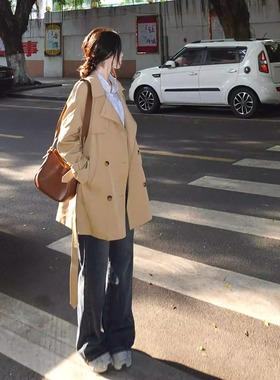 复古通勤风卡其色中长款风衣外套设计感宽松慵懒风小个子上衣