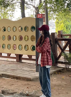 日系复古红色Polo领格子衬衫慵懒风小众休闲衬衣外套宽松长袖上衣