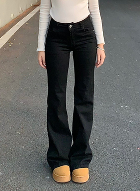 美式黑色微喇牛仔裤女韩版修身高腰显瘦辣妹弹力马蹄喇叭拖地长裤