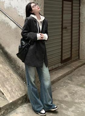 港风气质复古蓝微喇叭牛仔裤设计感休闲宽松阔腿显瘦镰刀长裤子