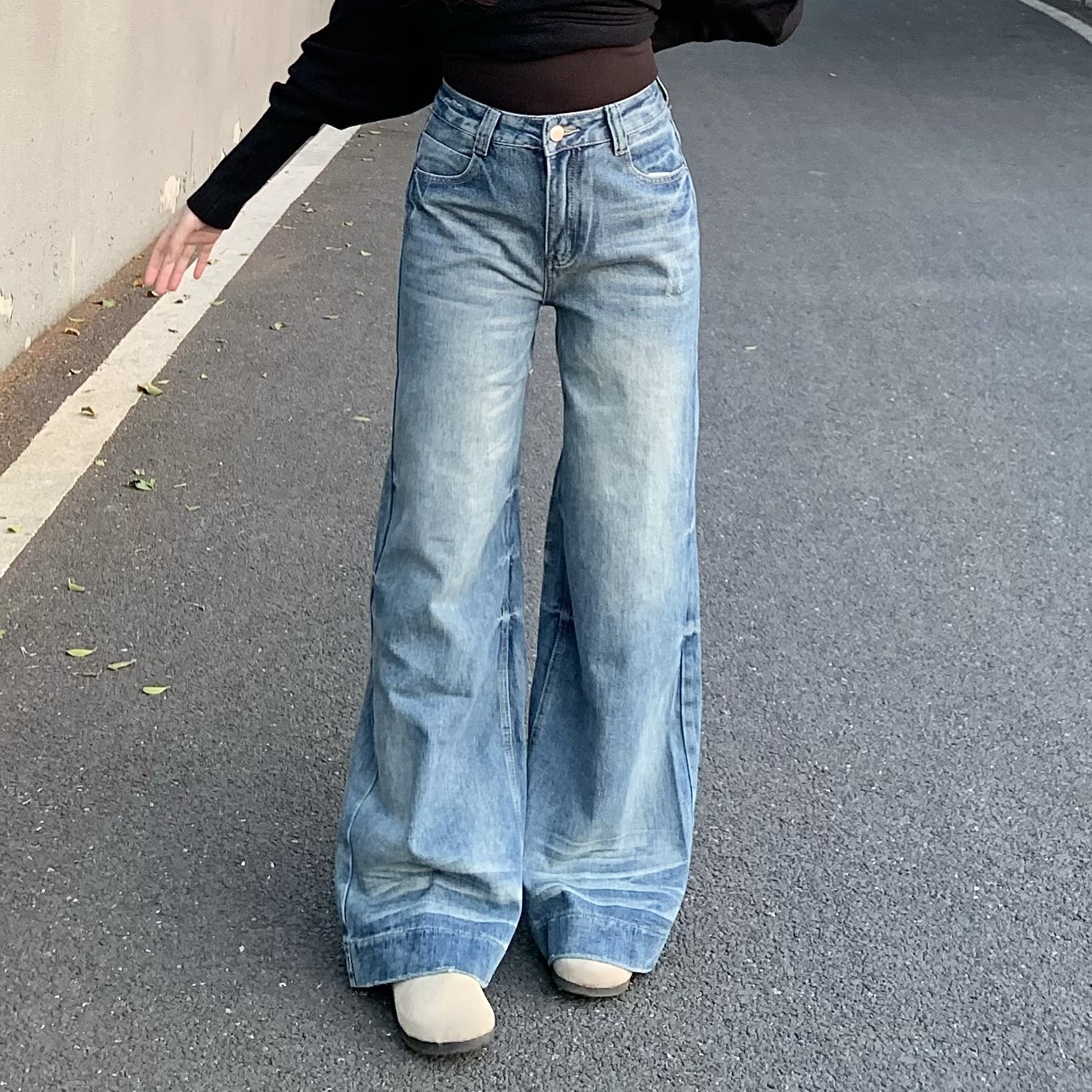 韩系复古蓝大阔腿牛仔裤女美式宽松显瘦休闲加长宽边直筒长裤子,女装/女士精品,牛仔裤,淘宝优惠券,粉丝福利购,淘宝优惠卷