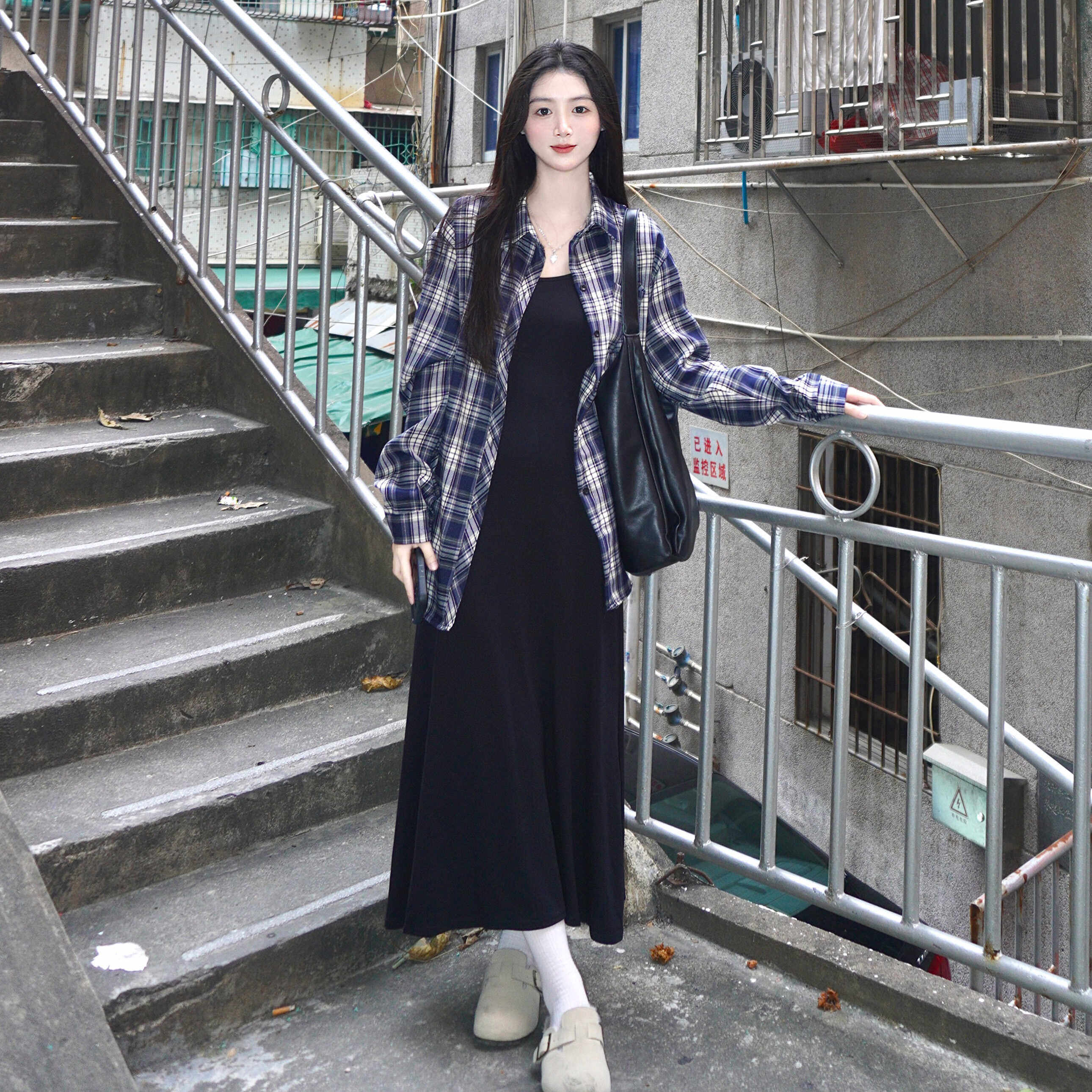 港味气质蓝褐色Polo领格子衬衫宽松复古高级感慵懒风长袖防晒衬衣