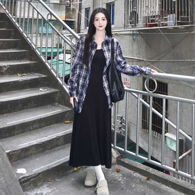 港味长袖复古防晒蓝褐色格子衬衫