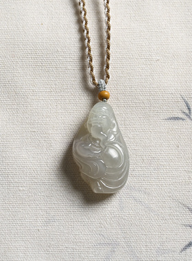 财神挂件 和田玉烟紫 纯手工雕刻玉石吊坠 8474