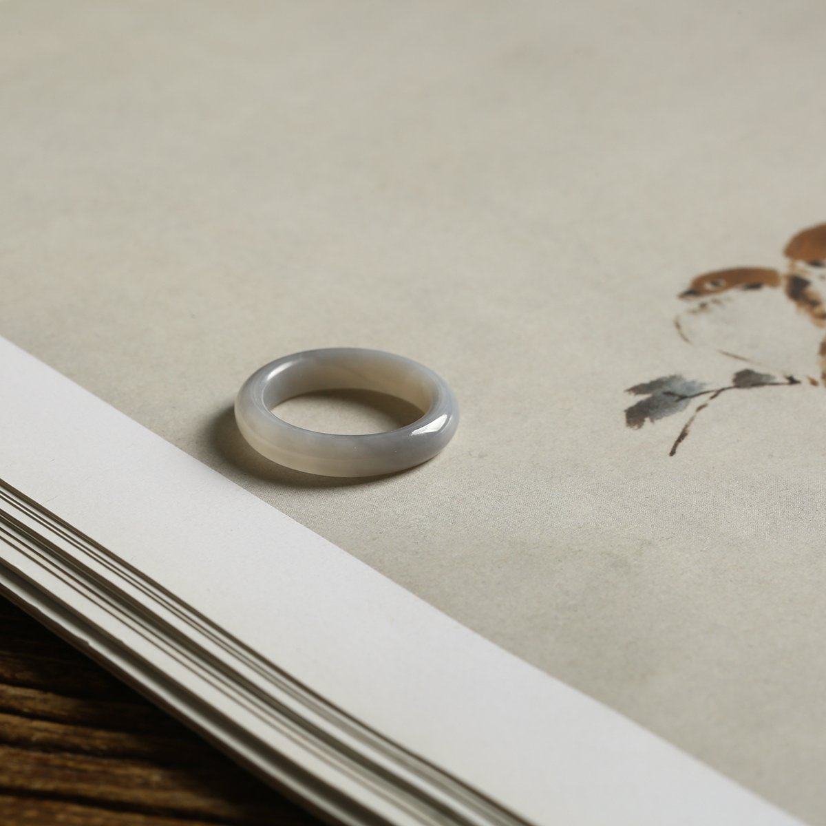 13号戒指 和田玉烟紫圆弧素圈指环 9674