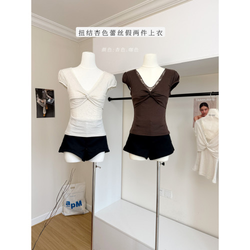27thstreet可机洗天丝羊毛胸口扭结杏色蕾丝假两件短袖上衣