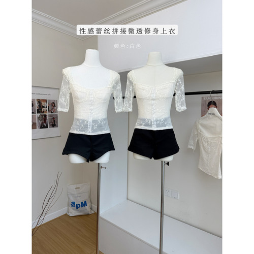 sheepland纯欲芭蕾 方领蕾丝提花短袖T恤女夏季性感微透显瘦上衣