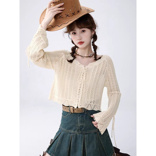 镂空针织衫开衫薄款v领外套女夏季新款慵懒甜美外搭罩衫长袖上衣
