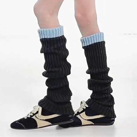 70cm粗针保暖袜套y2k甜酷辣妹针织加厚加长腿套撞色拼接堆堆袜套