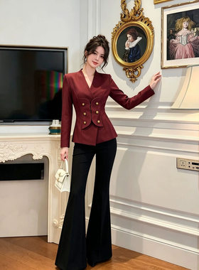 酒红色V领收腰小西服0