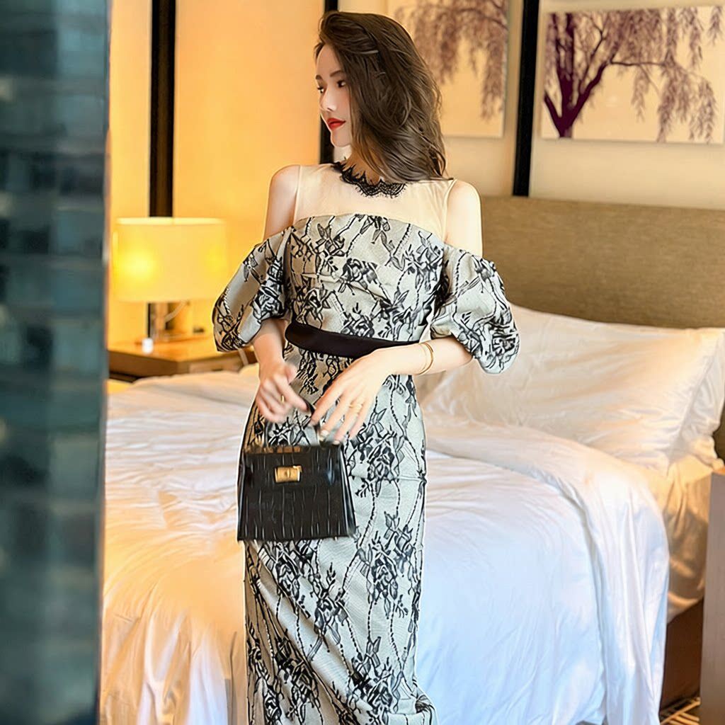 黑色长款礼服裙夏季新款女装法式一字领修身蕾丝连衣裙