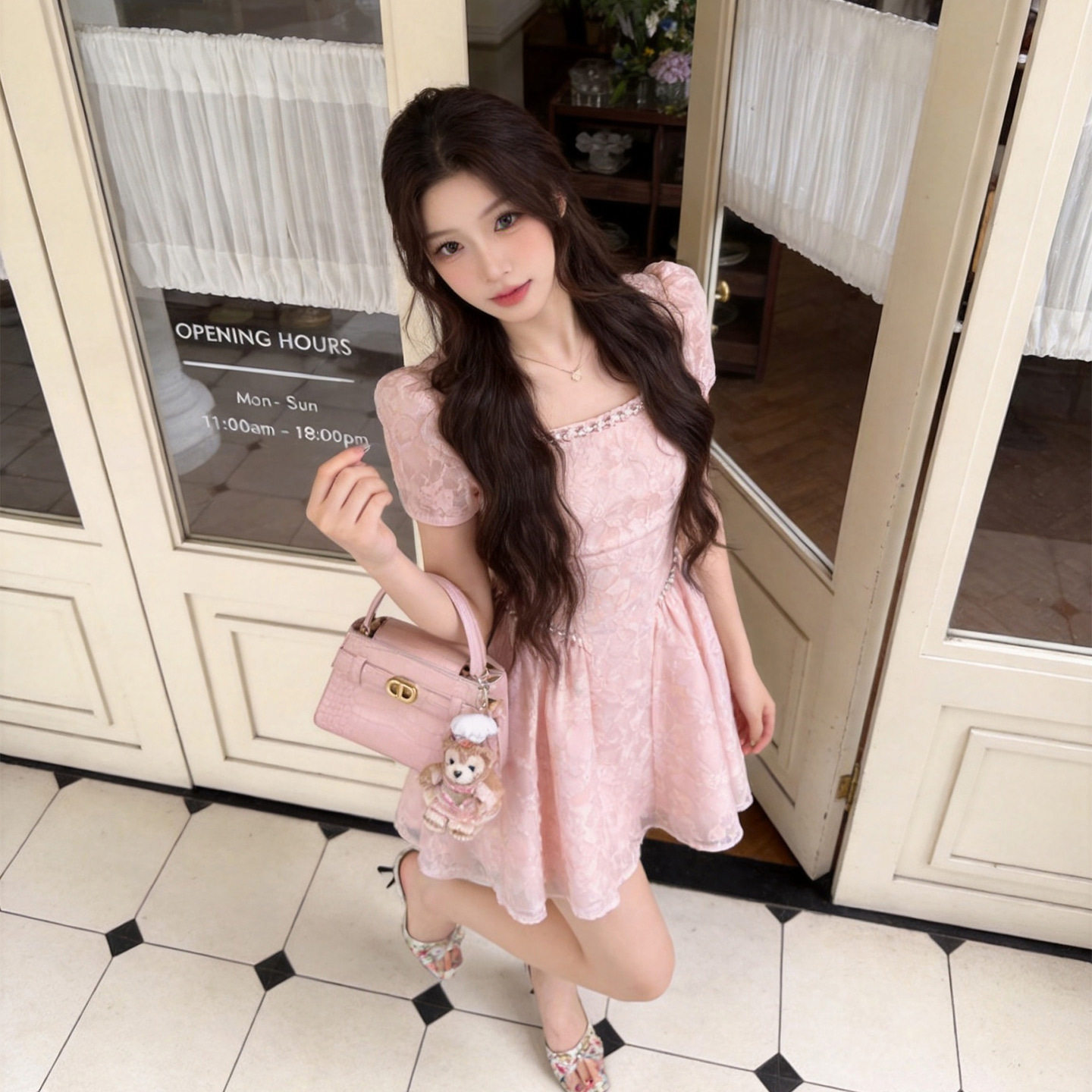 少女感粉色提花方领钉珠小礼裙图片