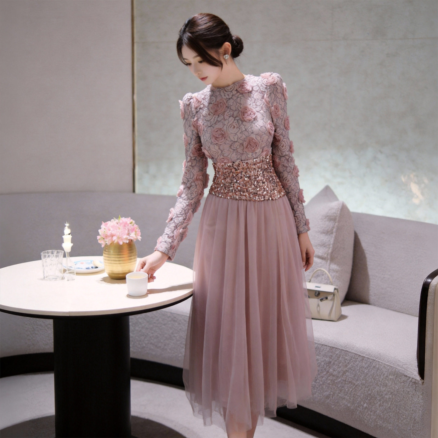 2026新款法式立体花朵亮片网纱收腰连衣裙春季女装高雅时尚设计感