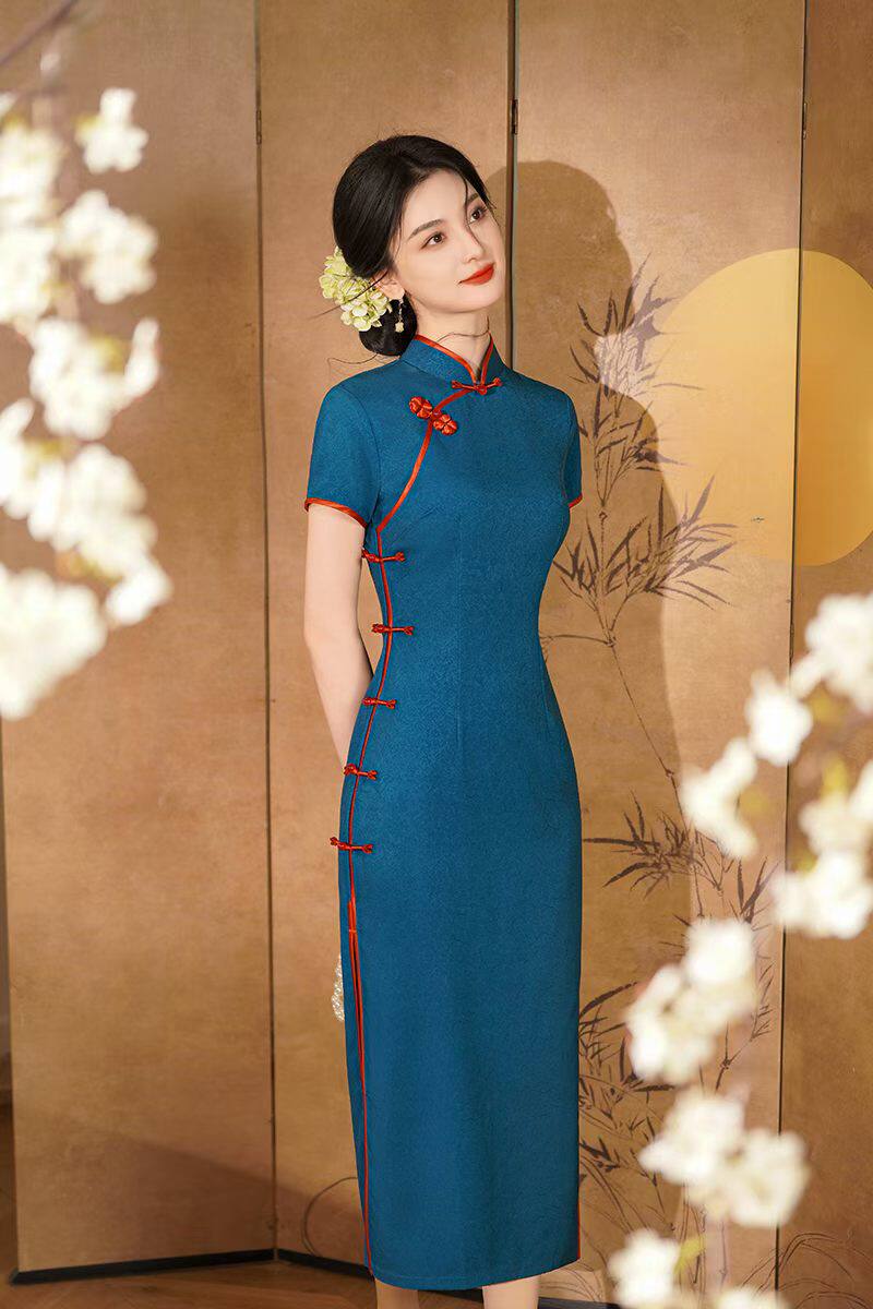 旗袍2026蓝色复古妈妈民国风新中式宝蓝重磅礼仪礼服长款高级感HY