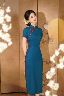 旗袍2026蓝色复古妈妈民国风新中式宝蓝重磅礼仪礼服长款高级感HY