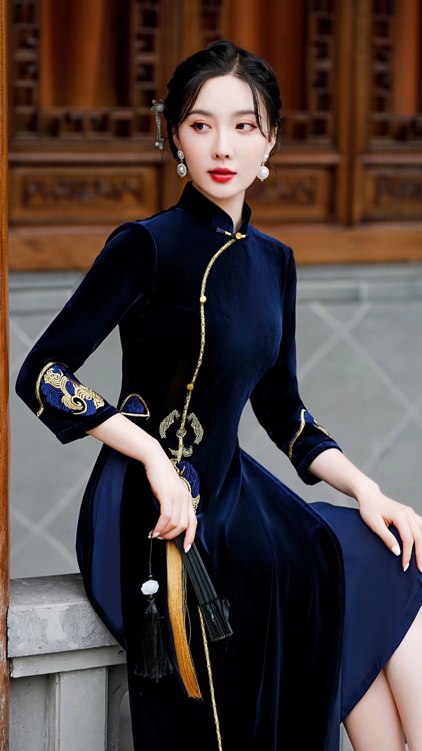 秋冬丝绒高端长流苏奥黛旗袍裙