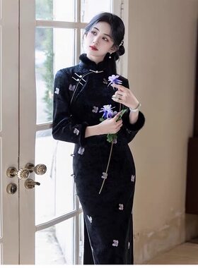 黑色幽蓝蝶梦加绒新中式长袖旗袍日常可穿修身气质国风长款WZY