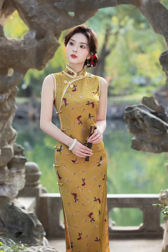 蝴蝶夏季新款长款无袖旗袍黄色改良少女年轻款中式气质连衣裙XS