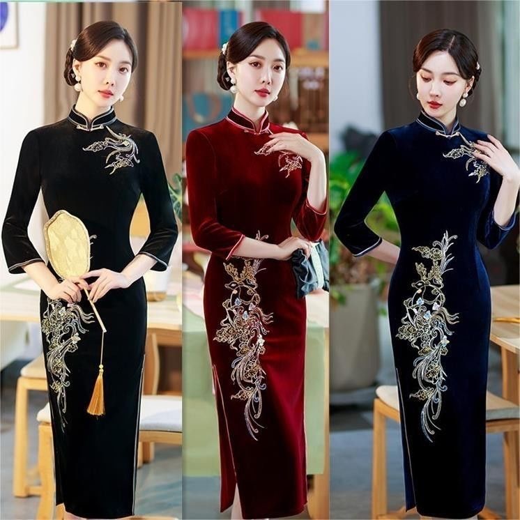 凤穿牡丹气质名媛高级感黑色刺绣订珠连衣裙女秋冬丝绒旗袍DD