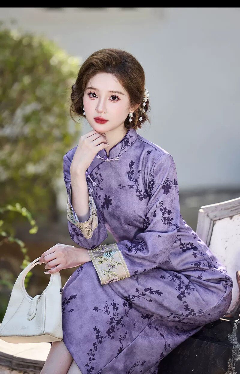 紫色改良中式2025旗袍新款织锦日常修身加绒不开衩年轻旗袍裙JXY,女装/女士精品,旗袍,淘宝优惠券,粉丝福利购,淘宝优惠卷