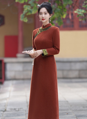 GSJ水貂绒新款旗袍改良冬微胖遮肚子显瘦2024年新款冬天加厚长袖