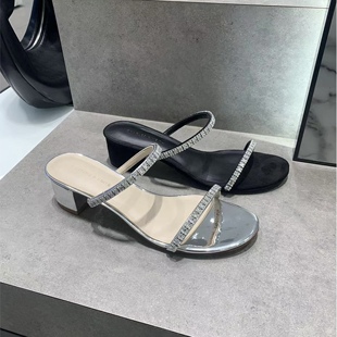水钻女外穿圆头中粗跟半拖一字带凉拖鞋 60920360法式 新款 2026春季