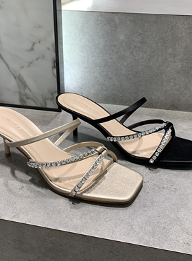 2026夏季新款时尚细跟凉拖鞋60280475交叉带方头水钻高跟凉拖女鞋