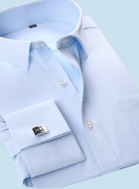 春季长袖衬衫男青年商务职业装浅蓝色斜纹法式西装衬衣加肥加大码